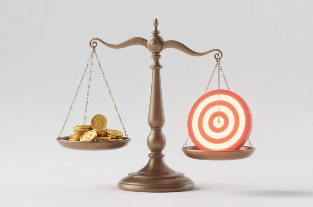 天平一端是金币，另一端是发光的靶心，象征风险与回报的平衡概念